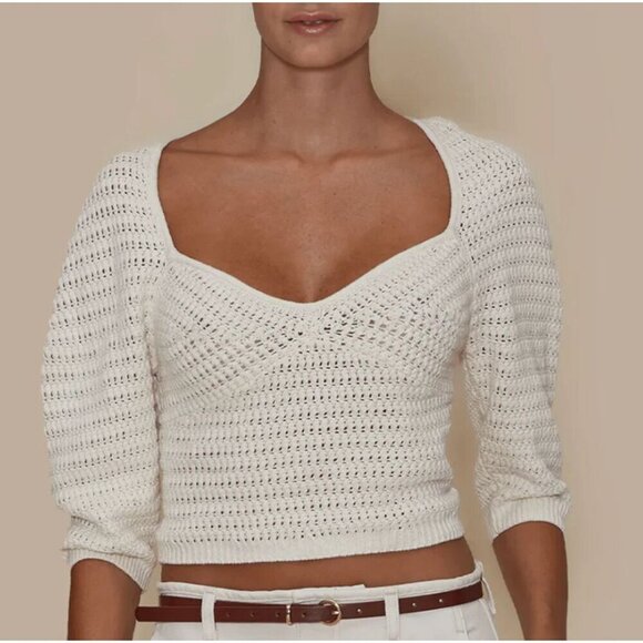 Le Jean Tops - Le Jean NWT Linen Crochet Top in Sand Size 4 Half Sleeve Sweetheart Neckline
